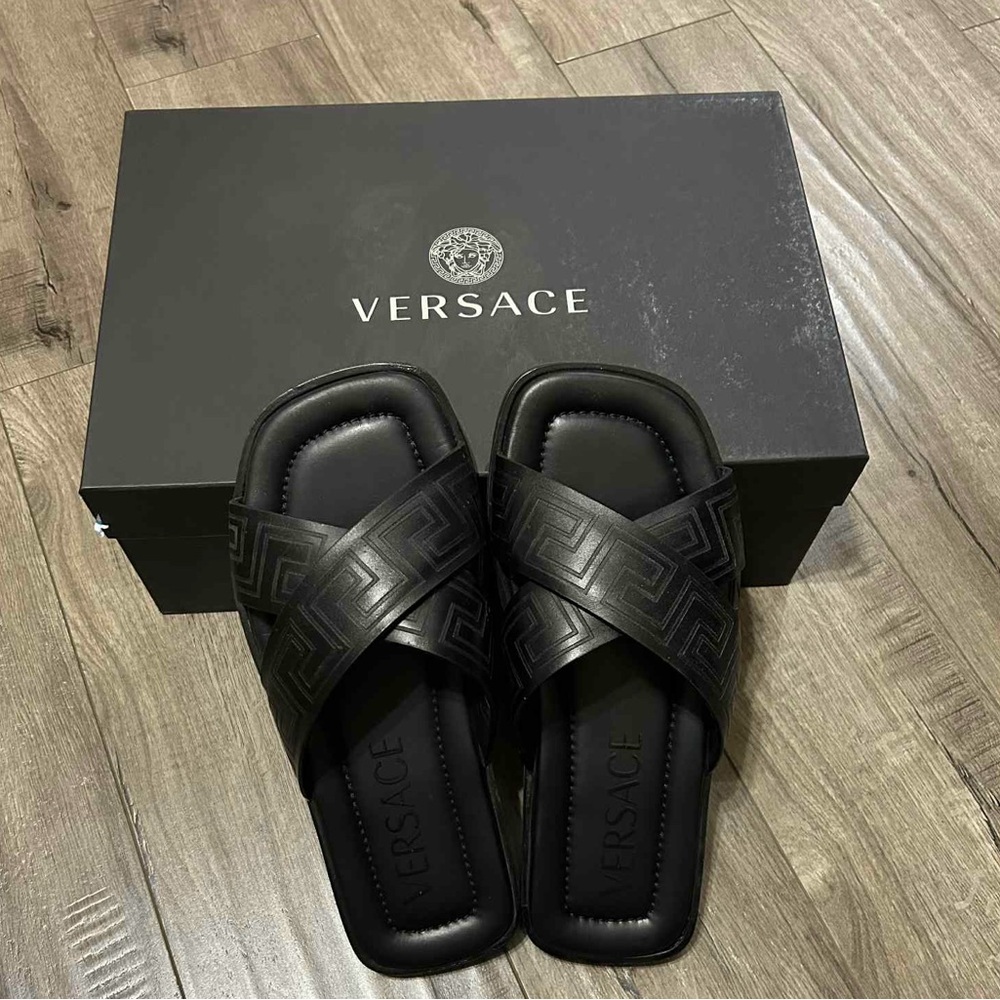 Versace Black Patterned Slides